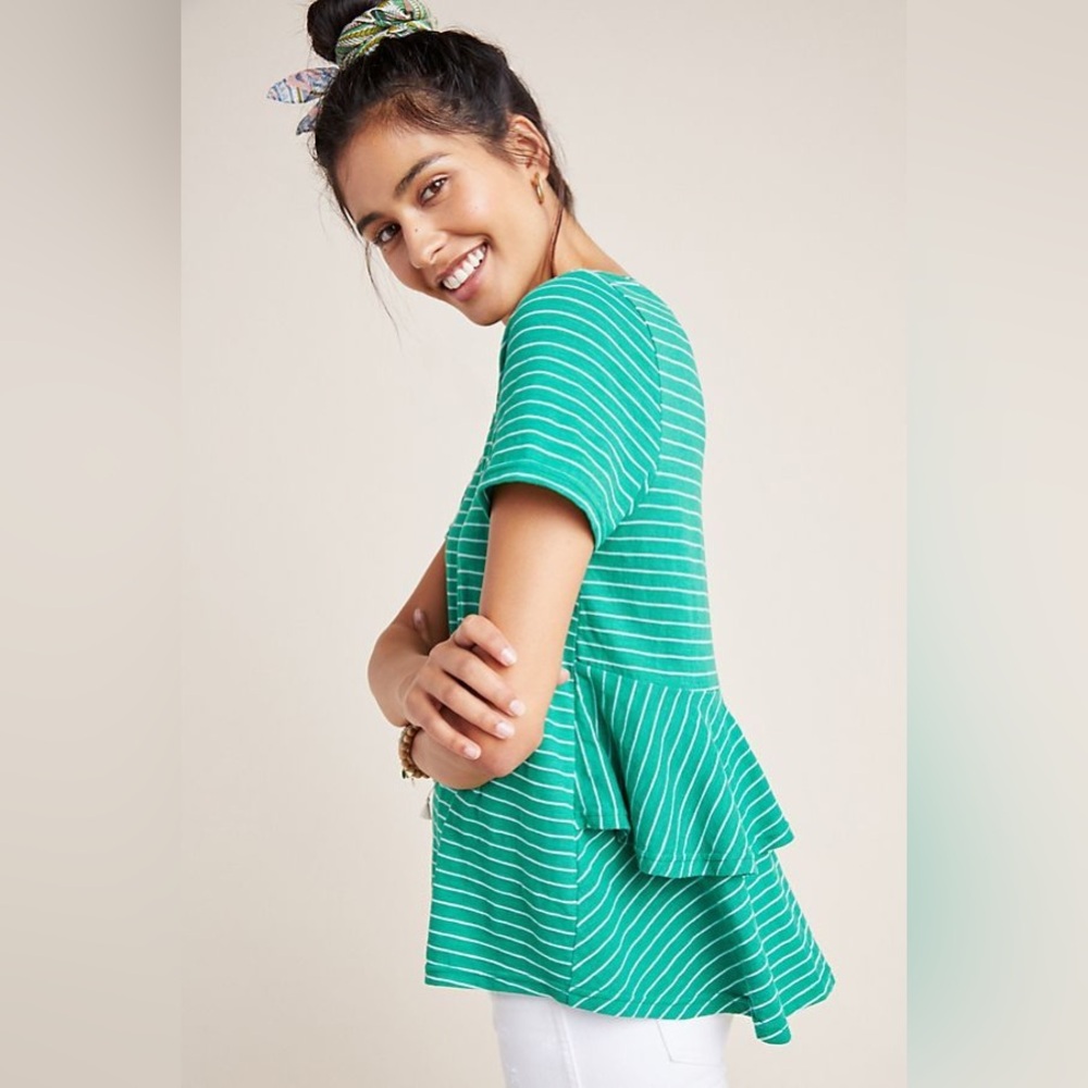 Anthropologie Laura Striped Ruffle Tiered Detail Short Sleeve Top Green Medium